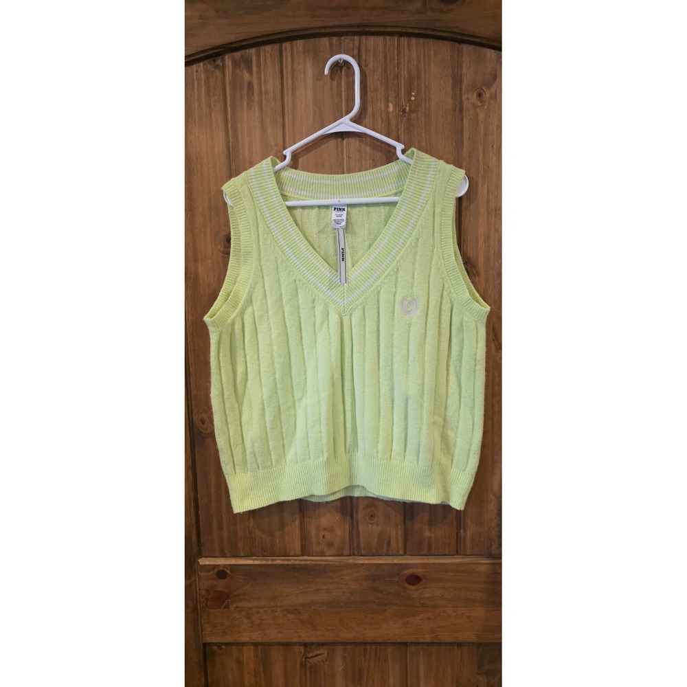 NWT Victoria's Secret Pink Sweater Womens XL Green Collegiate Knit Logo Vest